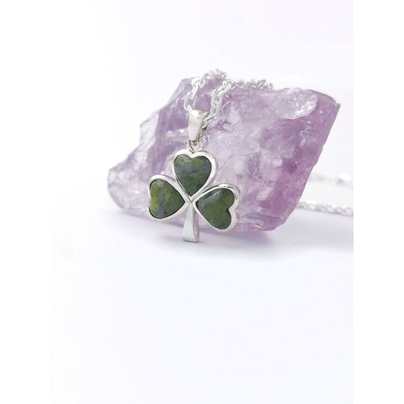 Womens Genuine Sterling Silver Shamrock & Connemara Marble Necklace