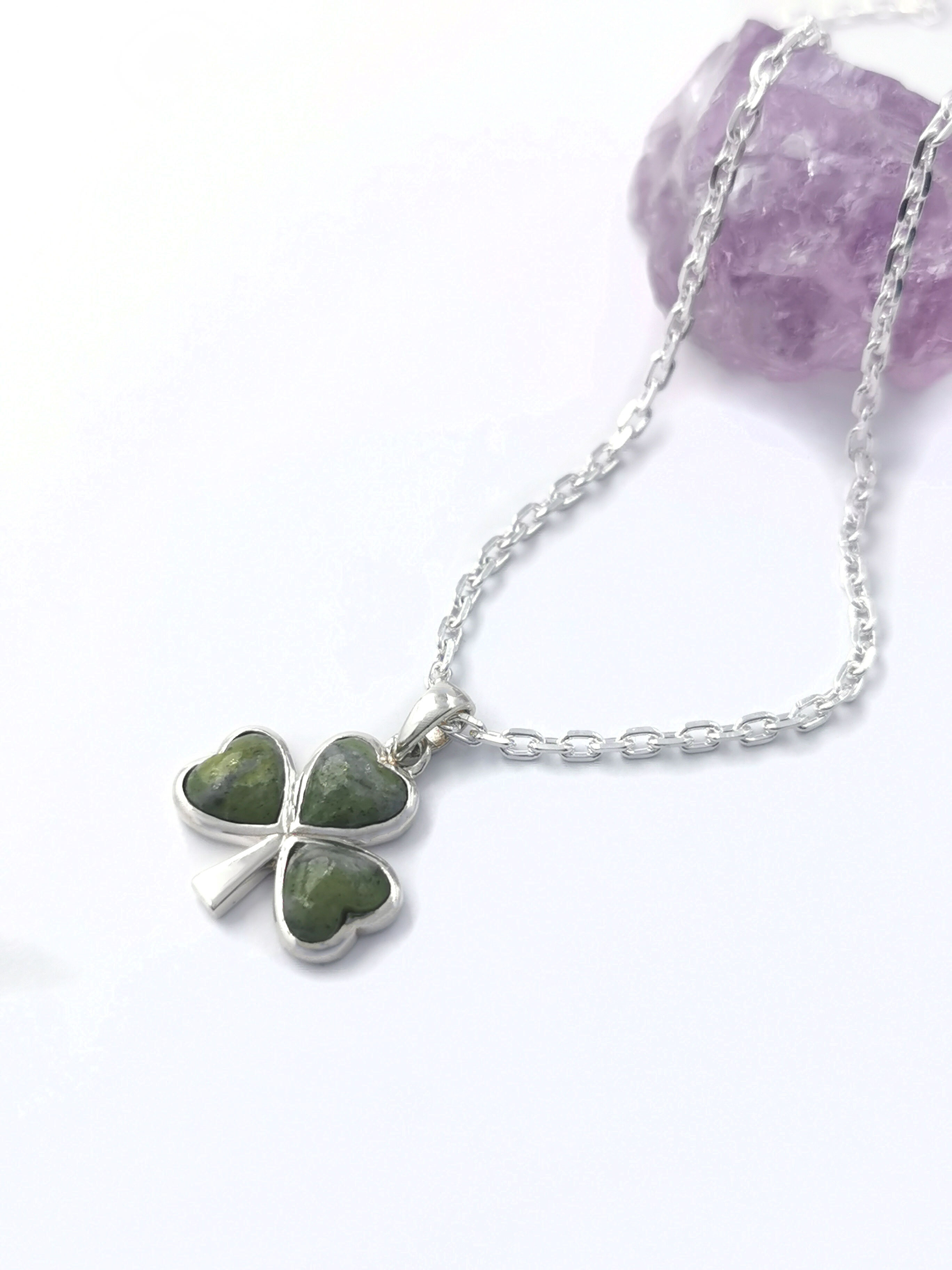 Womens Sterling Silver Shamrock & Connemara Marble Necklace. Pictured Flat.