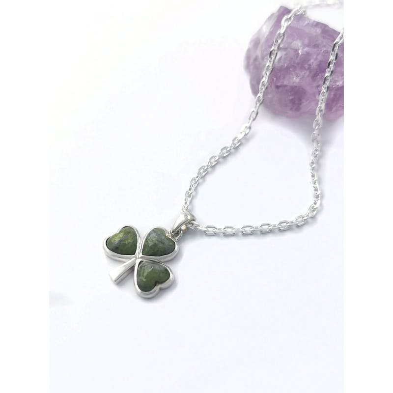 Womens Sterling Silver Shamrock & Connemara Marble Necklace. Pictured Flat.