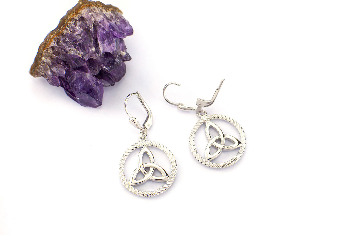 Womens Striking Sterling Silver Trinity Knot Earrings. Side View.