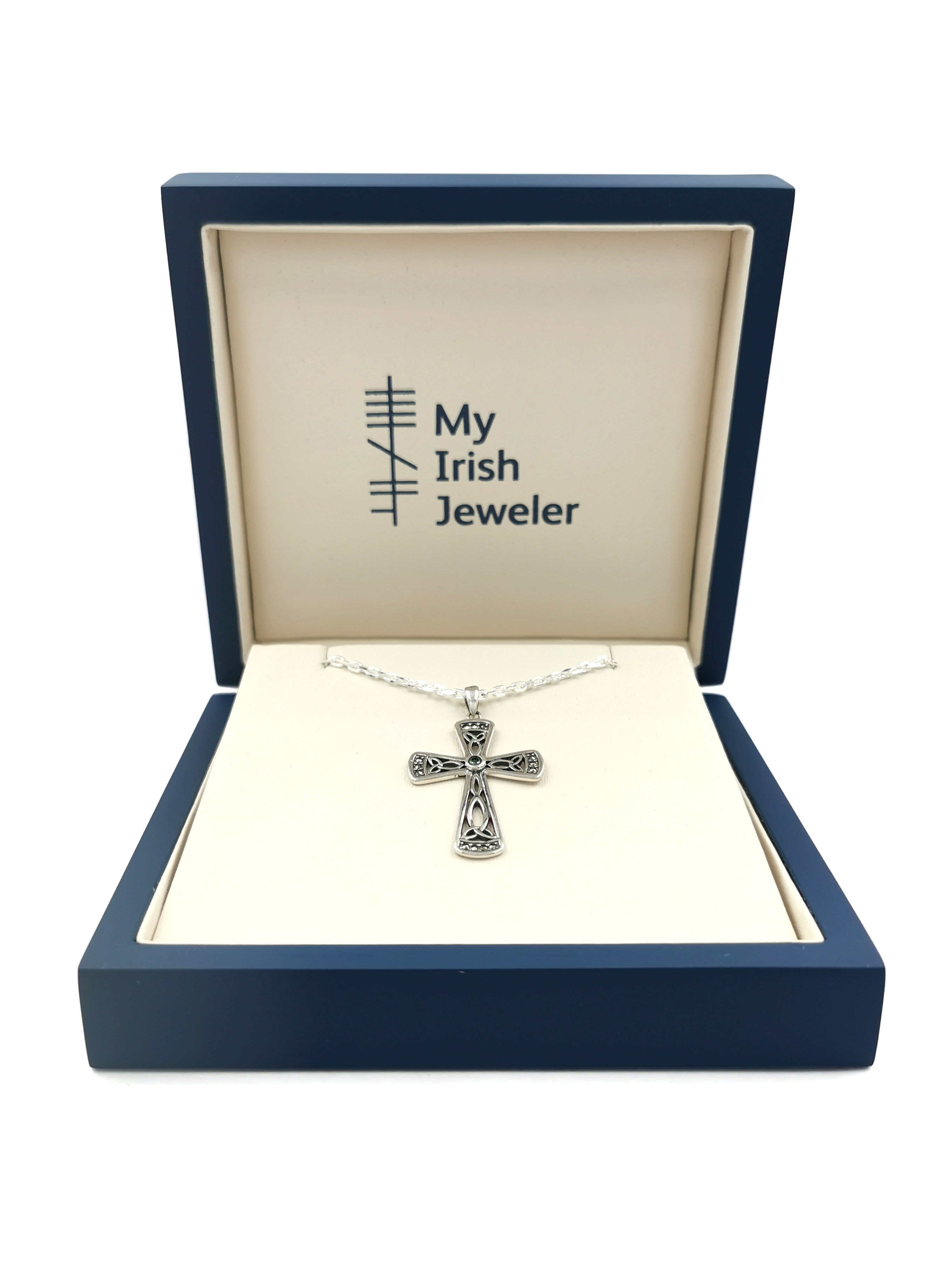 US Jewels And Gems 0.925 Sterling Silver Simulated Imitation Emerald Irish Celtic Cross Pendant Necklace 