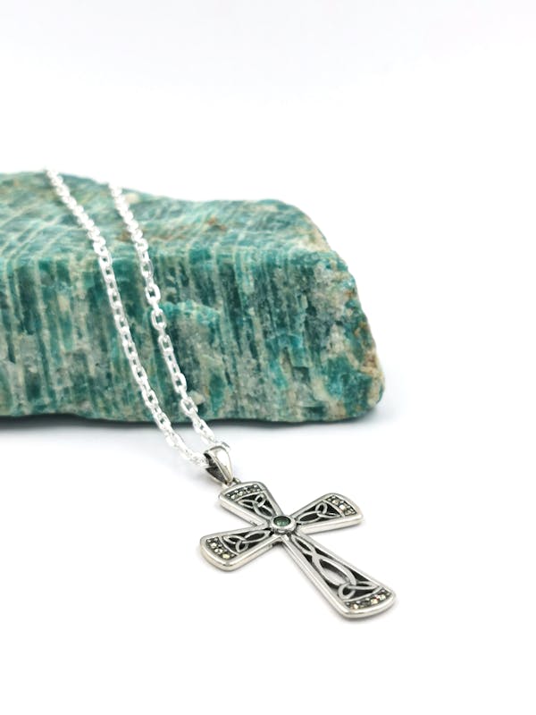 Striking Sterling Silver Celtic Cross & Trinity Knot Necklace For Women. Pictured Flat.