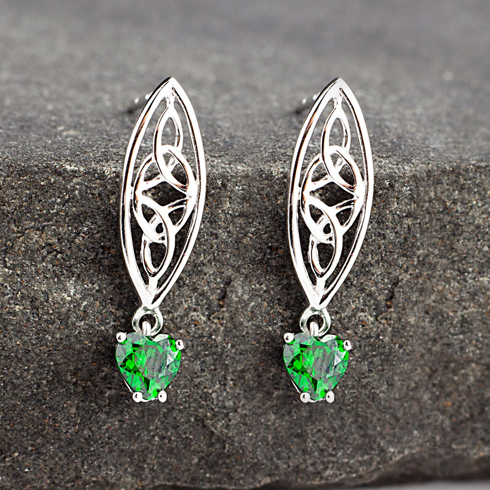 Sterling Silver Green Zircon Trinity Knot Drop Earrings