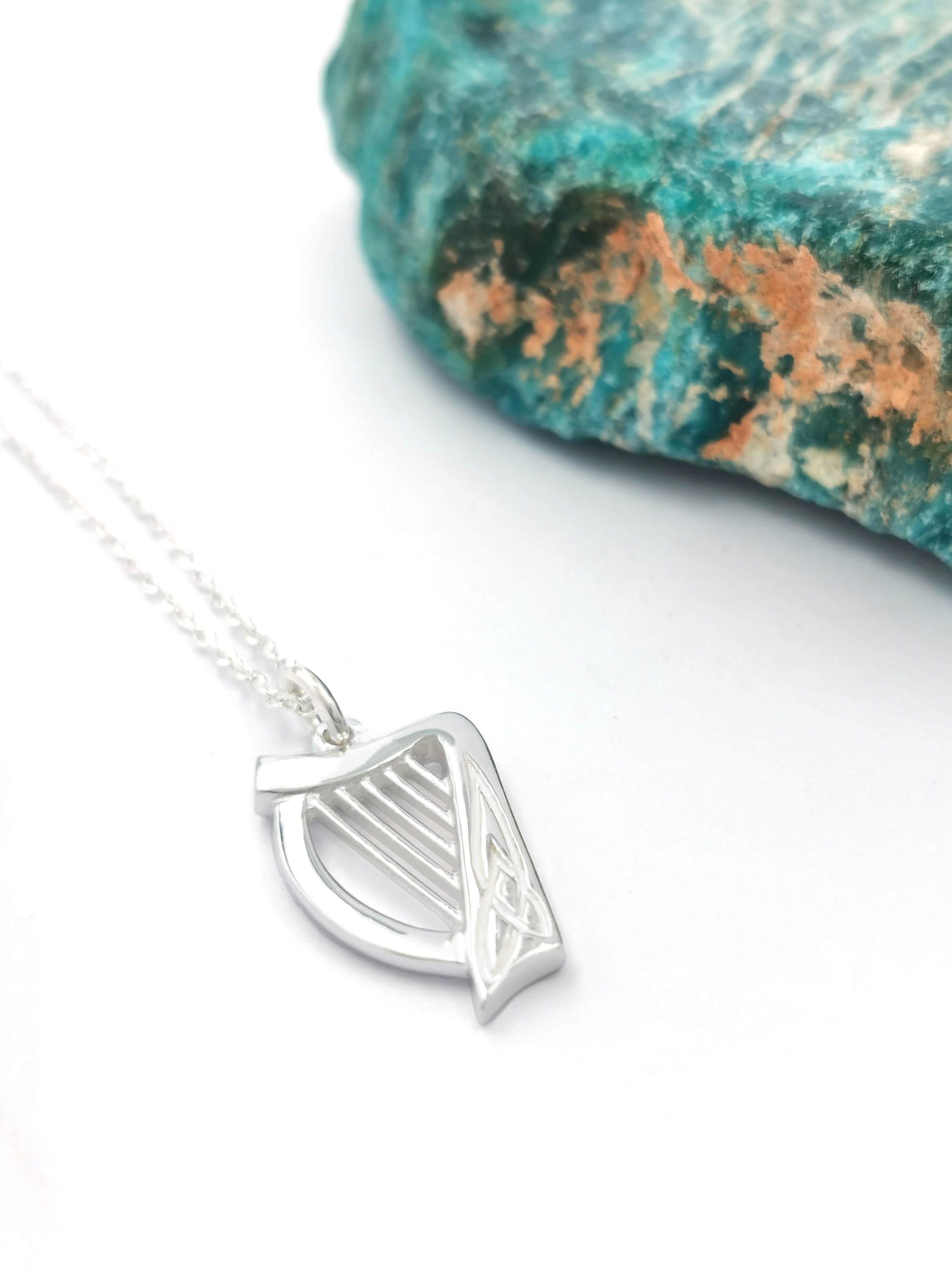 Gorgeous Sterling Silver Irish Harp Necklace For Women. Pictured Flat.