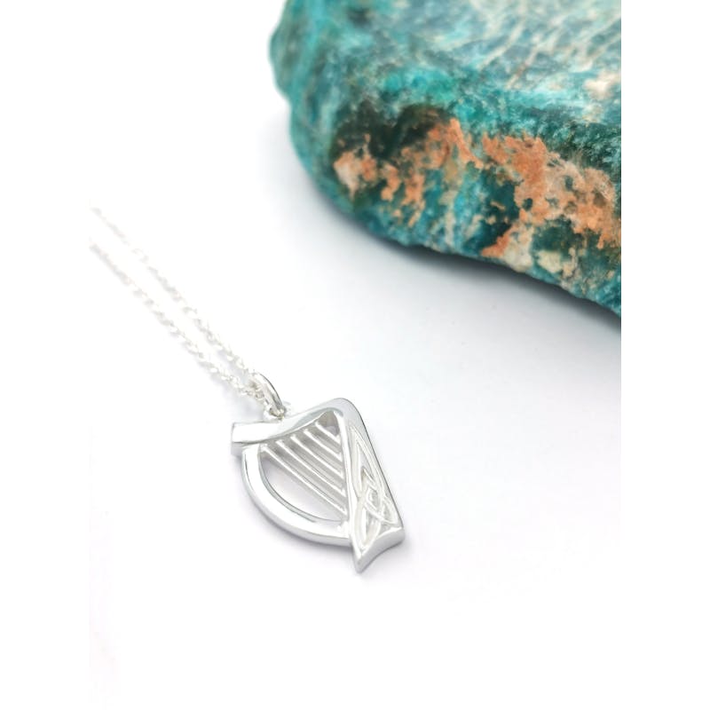 Gorgeous Sterling Silver Irish Harp Necklace For Women. Pictured Flat.