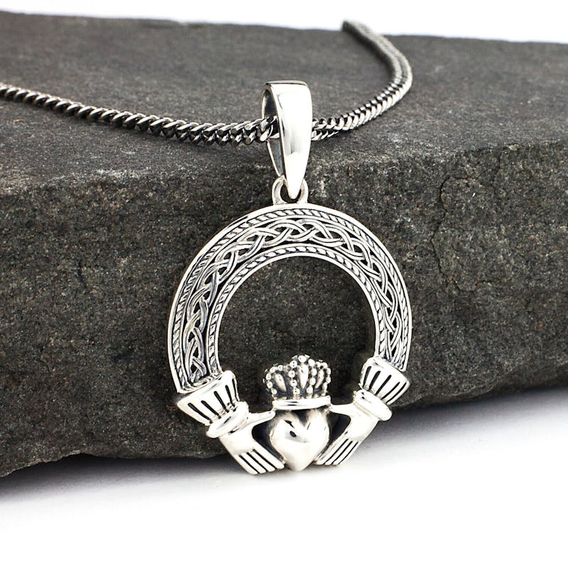 Striking Sterling Silver Claddagh Necklace With a Oxidized Finish