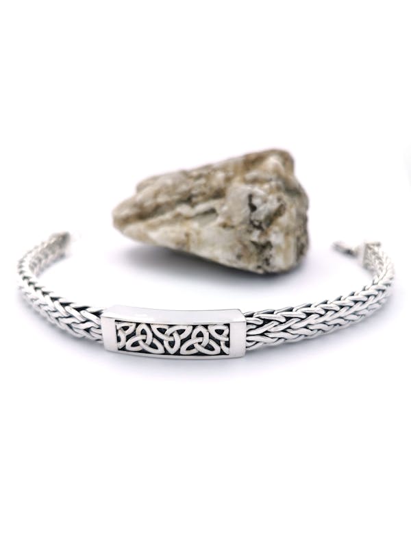 Irish Sterling Silver Trinity Knot Bracelet For Men. Photographed Open.