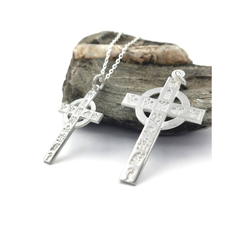 Large Sterling Silver Celtic Cross & History Of Ireland Necklace