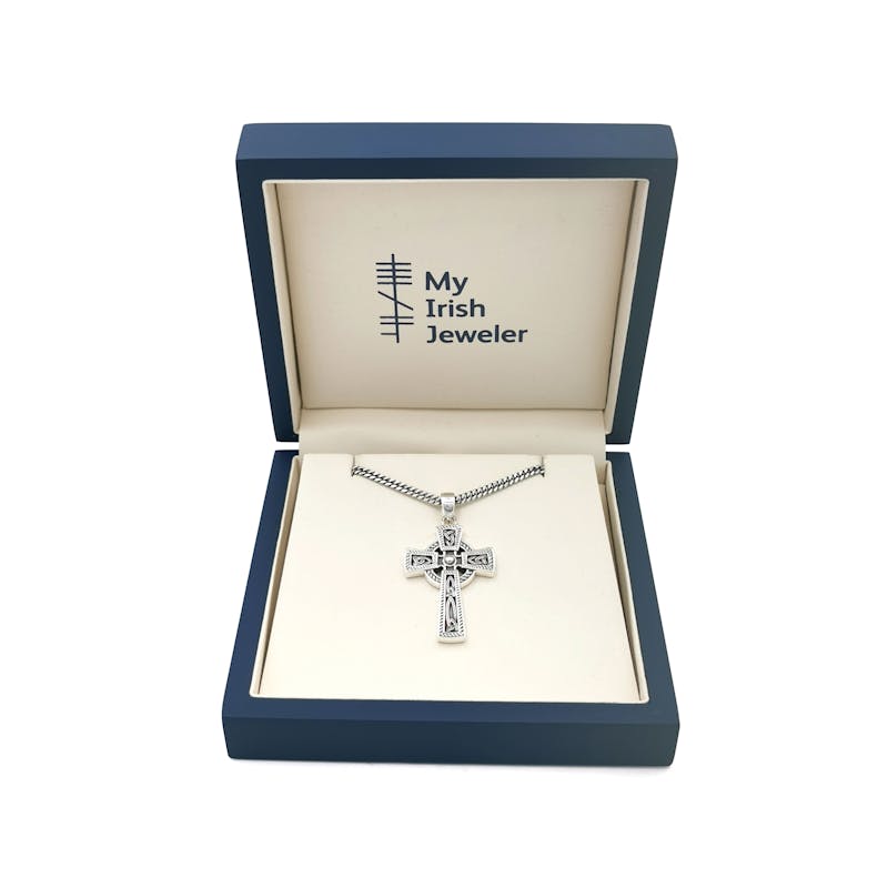 Mens Oxidized Sterling Silver Celtic Cross Necklace. In Luxury Packaging.