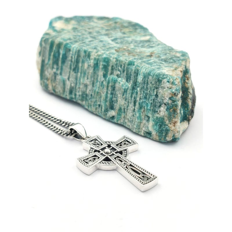 Genuine Sterling Silver Celtic Cross & Celtic Knot Necklace With a Oxidized Finish For Men