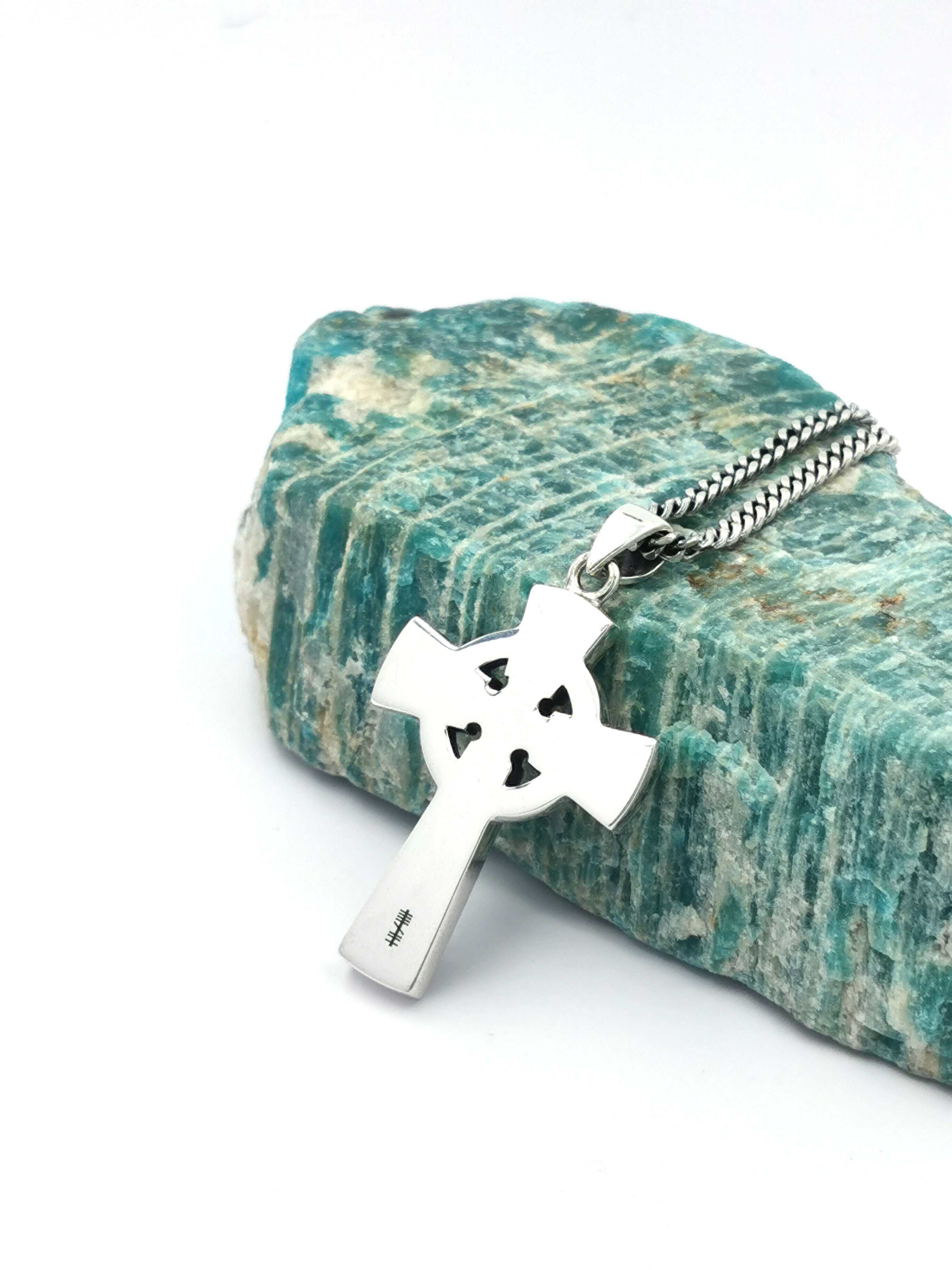 Heavy Sterling Silver Celtic Cross & Celtic Knot Necklace For Men With a Oxidised Finish. Picture Of The Reverse Side.