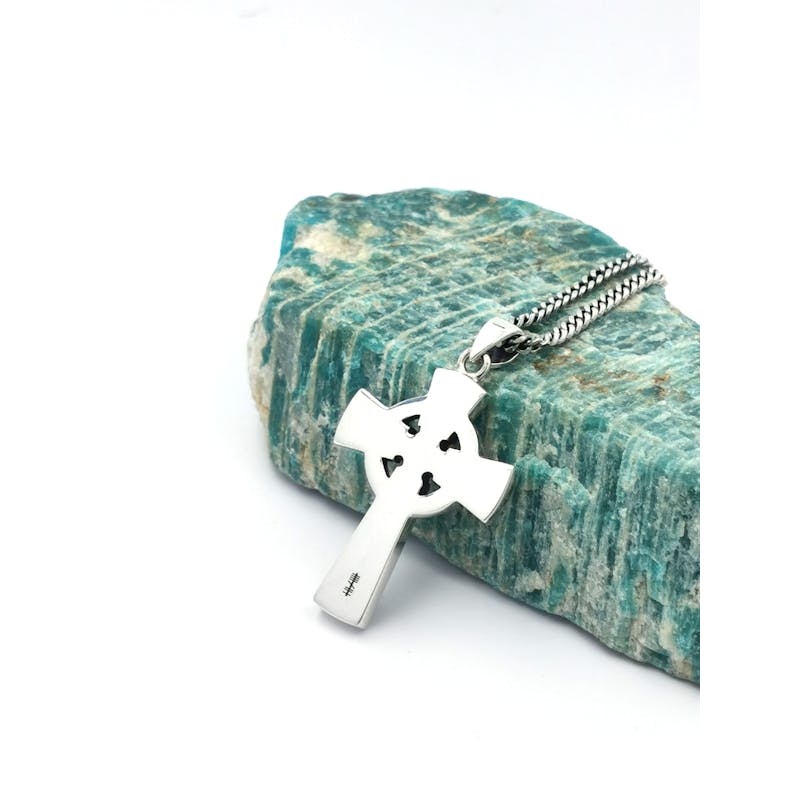 Heavy Sterling Silver Celtic Cross & Celtic Knot Necklace For Men With a Oxidized Finish. Picture Of The Reverse Side.