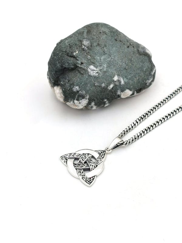 Large Real Sterling Silver Trinity Knot & Celtic Knot Necklace For Men. Pictured Flat.