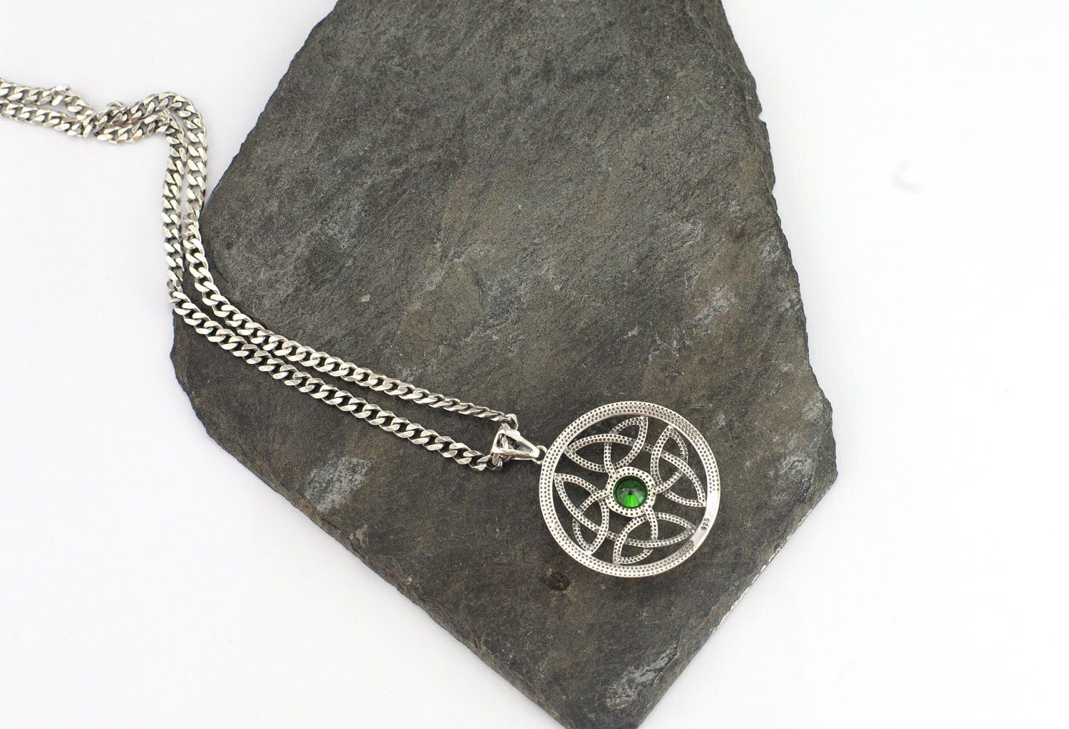 Womens Trinity Knot Necklace in Real Sterling Silver. Pictured Flat.