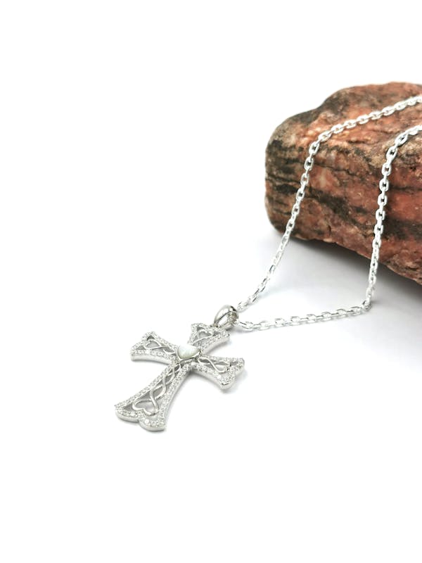 Womens Genuine Sterling Silver Celtic Cross & Celtic Knot Necklace. Pictured Flat.