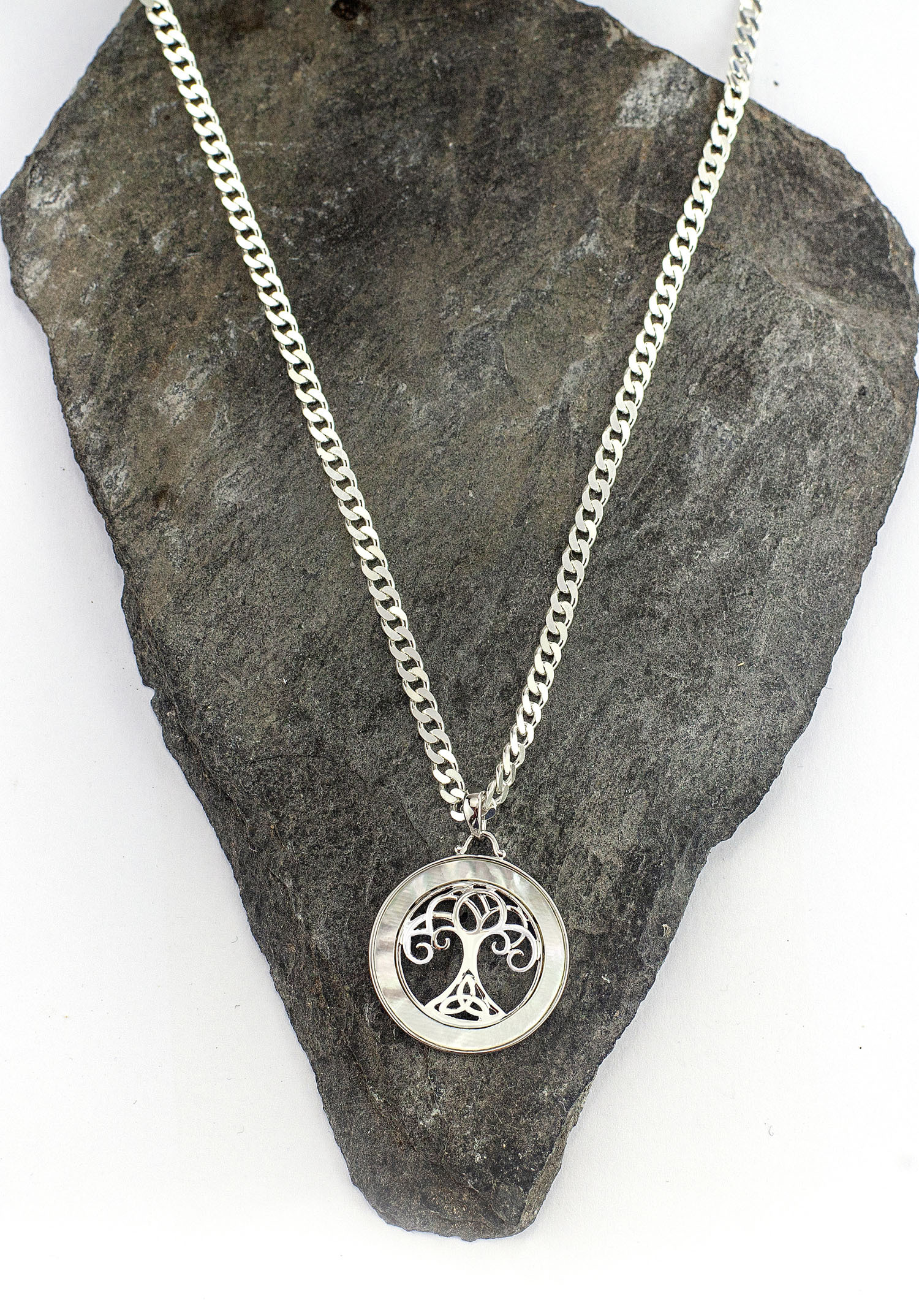 Small Womens Genuine Sterling Silver Tree of Life Necklace. Pictured Flat.