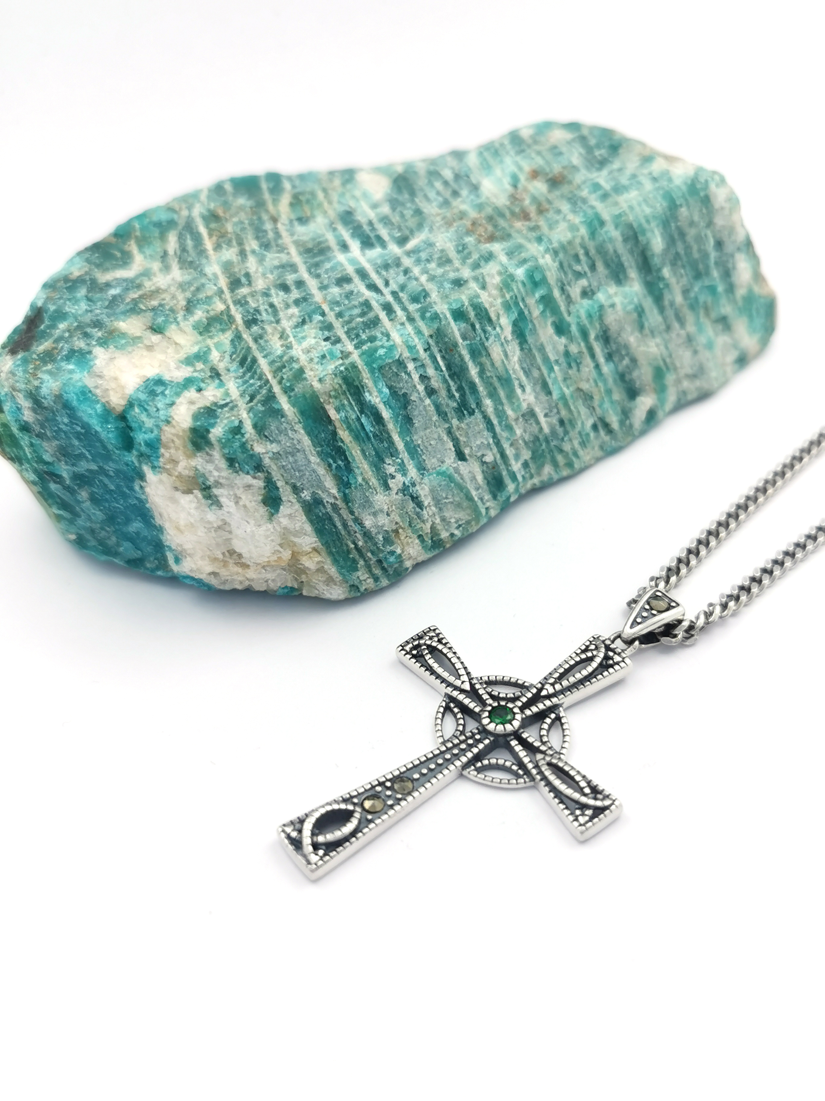 Womens Celtic Cross Necklace in Sterling Silver. Pictured Flat.
