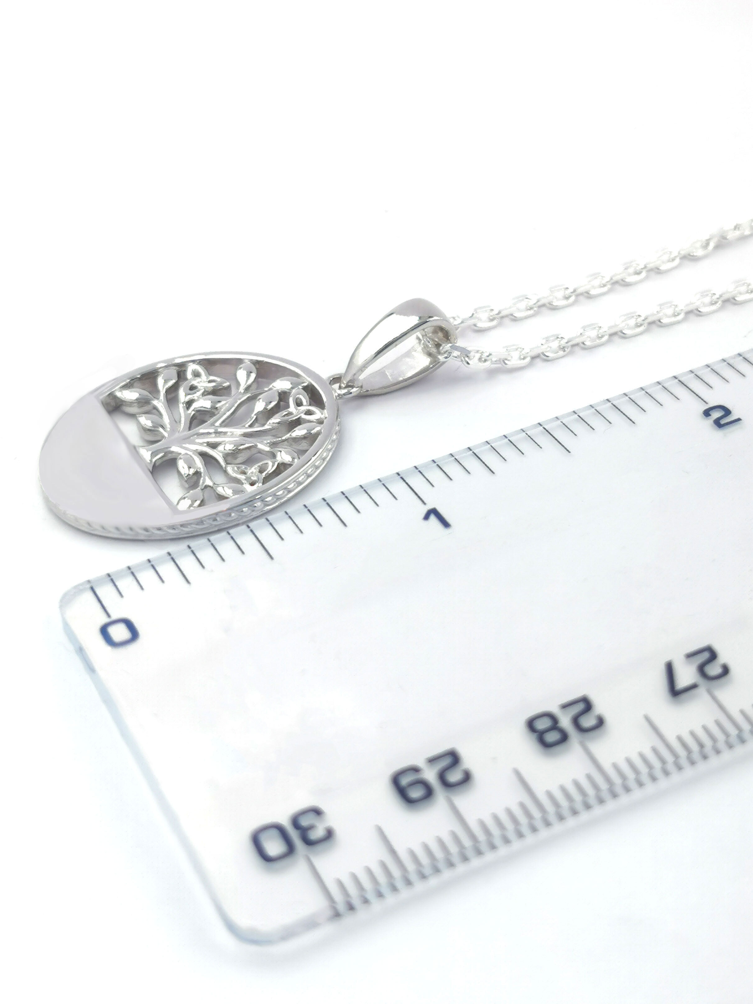 Womens Polished Tree of Life Necklace in Real Sterling Silver. Picture For Scale.