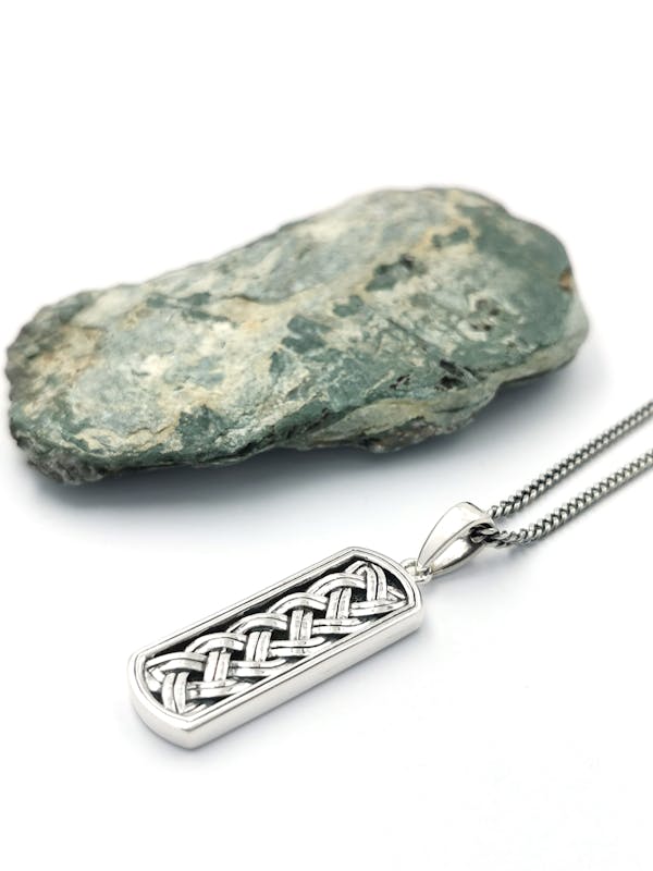 Mens Attractive Oxidized Sterling Silver Celtic Knot Necklace. Pictured Flat.