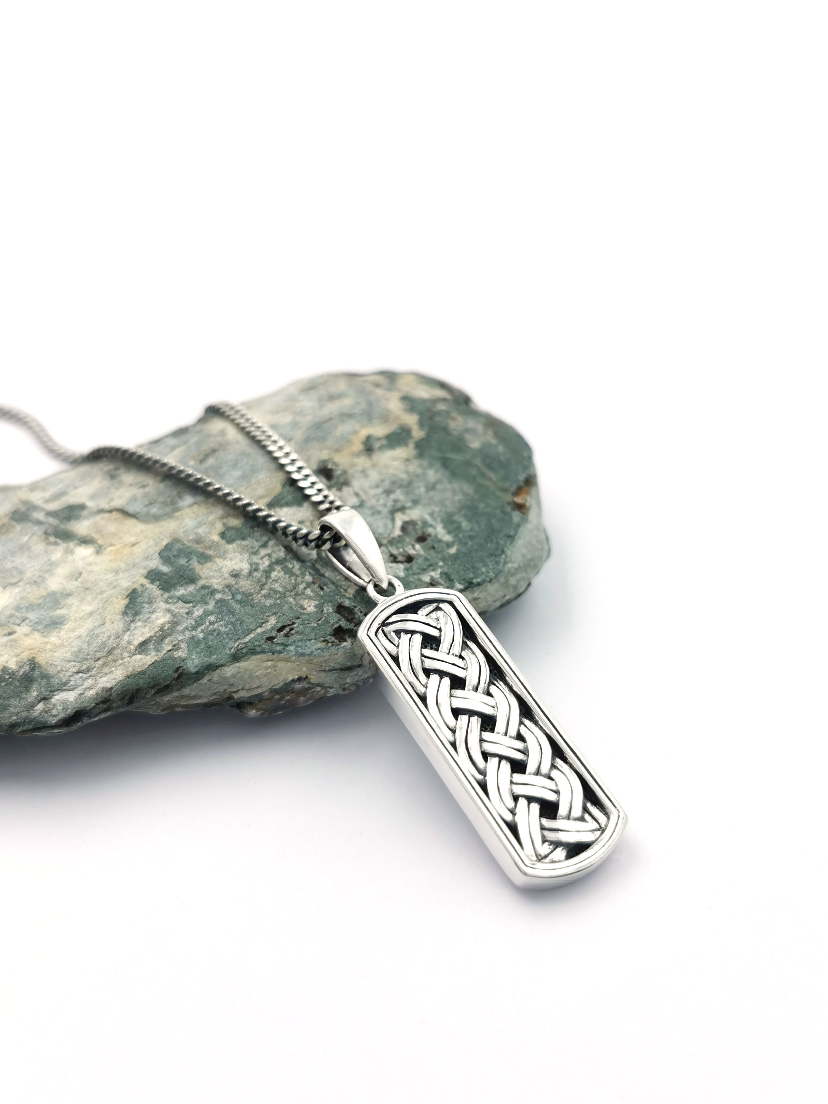 Mens Celtic Knot Necklace in Sterling Silver With a Oxidised Finish. Side View.
