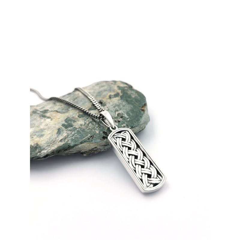 Mens Celtic Knot Necklace in Sterling Silver With a Oxidized Finish. Side View.