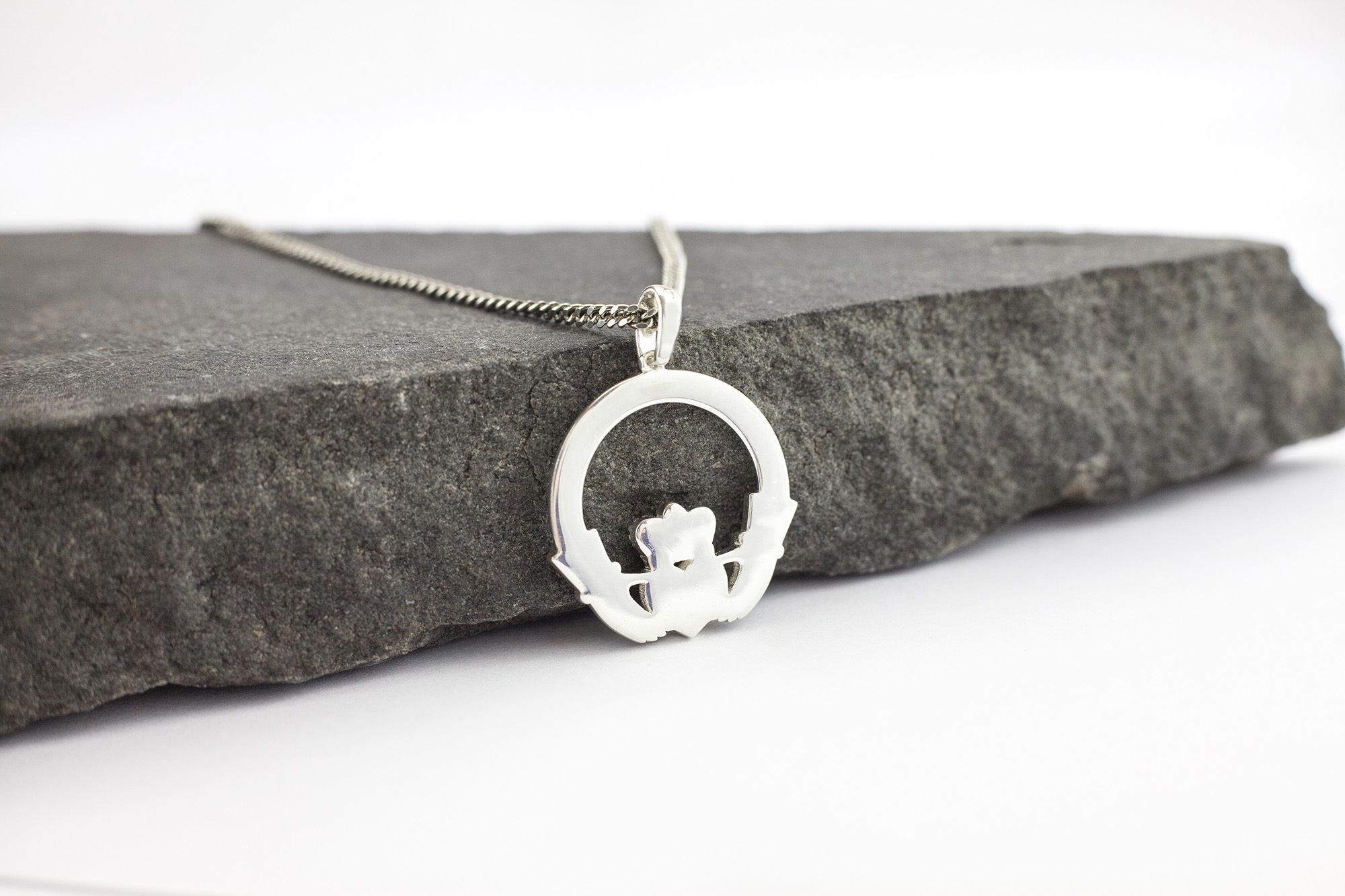 Large Gorgeous Sterling Silver Claddagh Necklace. Picture Of The Reverse Side.