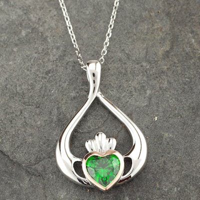 Sterling Silver And Irish Rose Gold Claddagh Pendant with Green Heart
