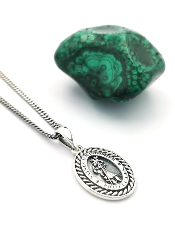 Gorgeous Sterling Silver St Christopher Necklace With a Oxidized Finish. Pictured Flat.