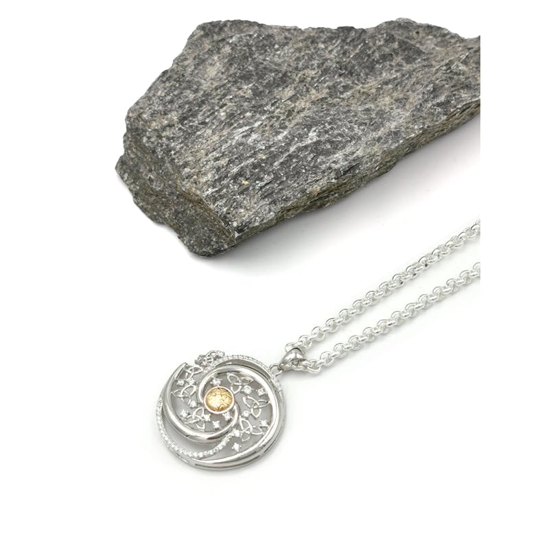 Womens Irish Polished Sterling Silver & 18K Yellow Gold Trinity Knot & Celtic Warrior Gift Set. Pictured Flat.
