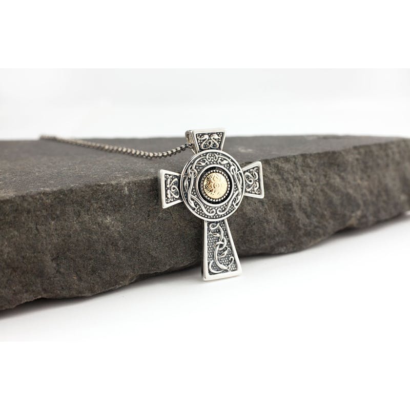 Large Oxidized Celtic Cross Necklace in Real Sterling Silver & Yellow Gold