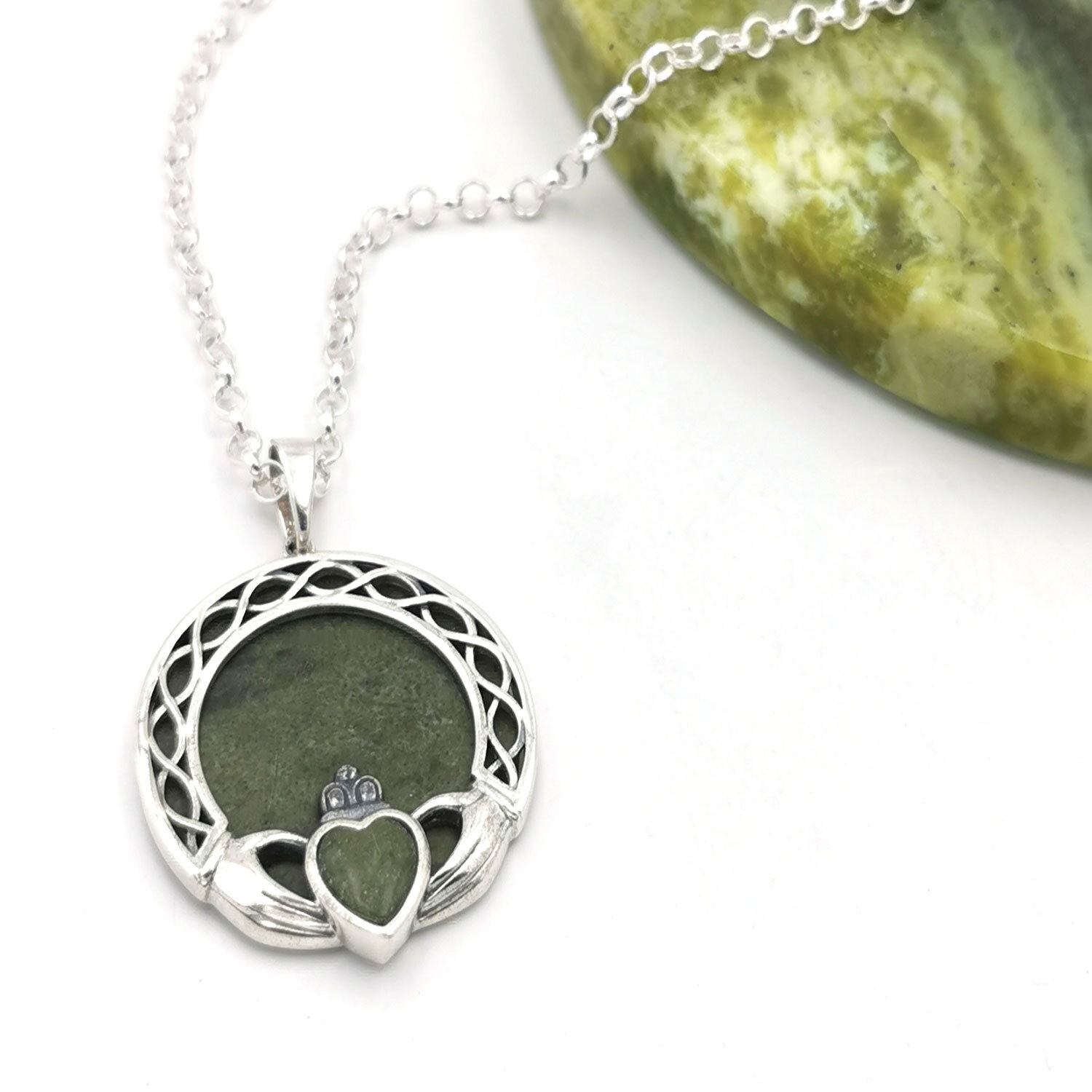 Sterling Silver Large Connemara Marble Claddagh Necklace