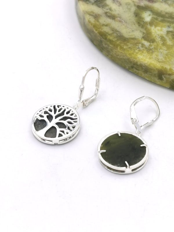 Genuine Sterling Silver Connemara Marble & Tree of Life Earrings For Women. Picture Of The Back.