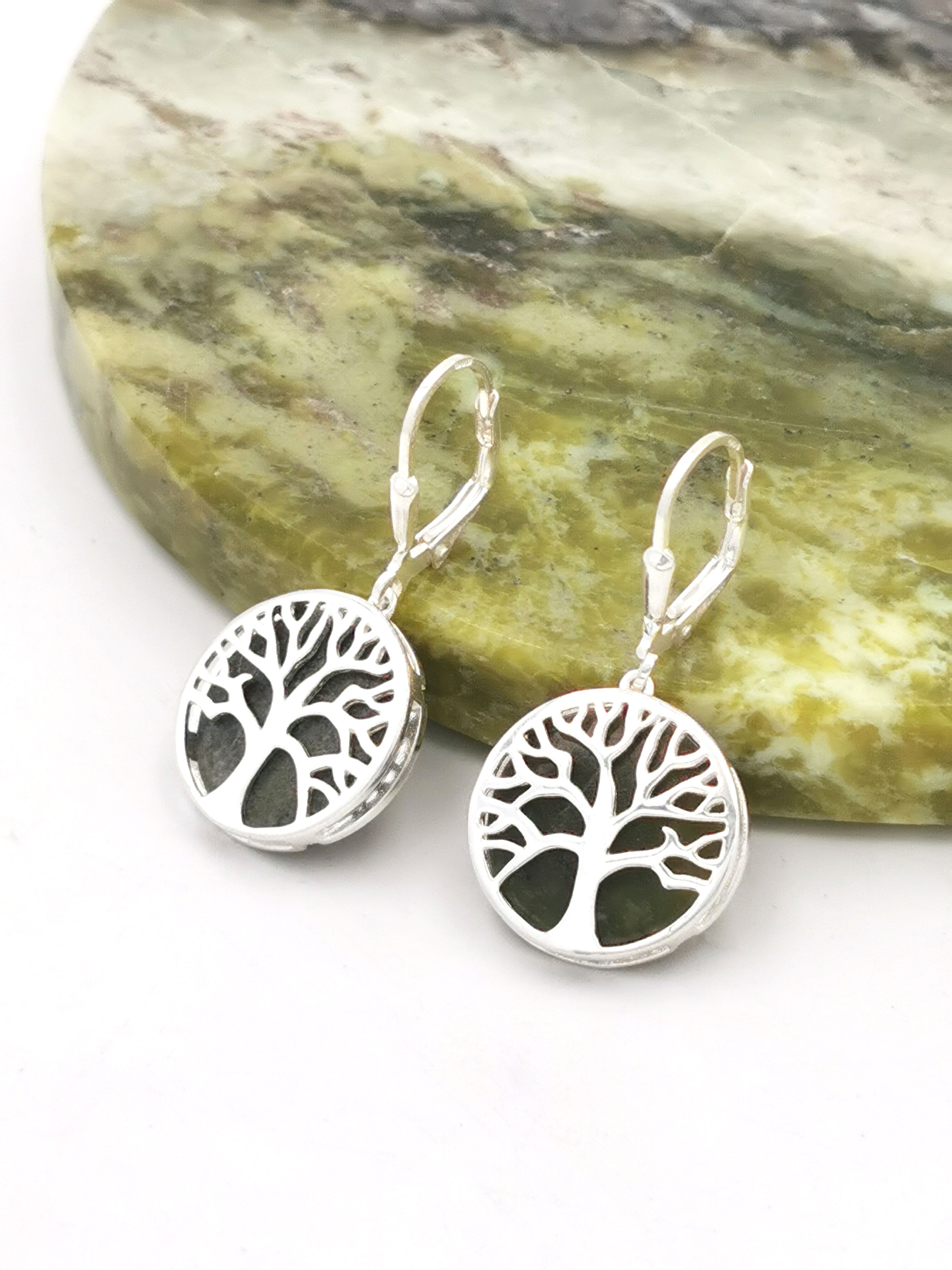 Womens Connemara Marble & Tree of Life Earrings in Real Sterling Silver