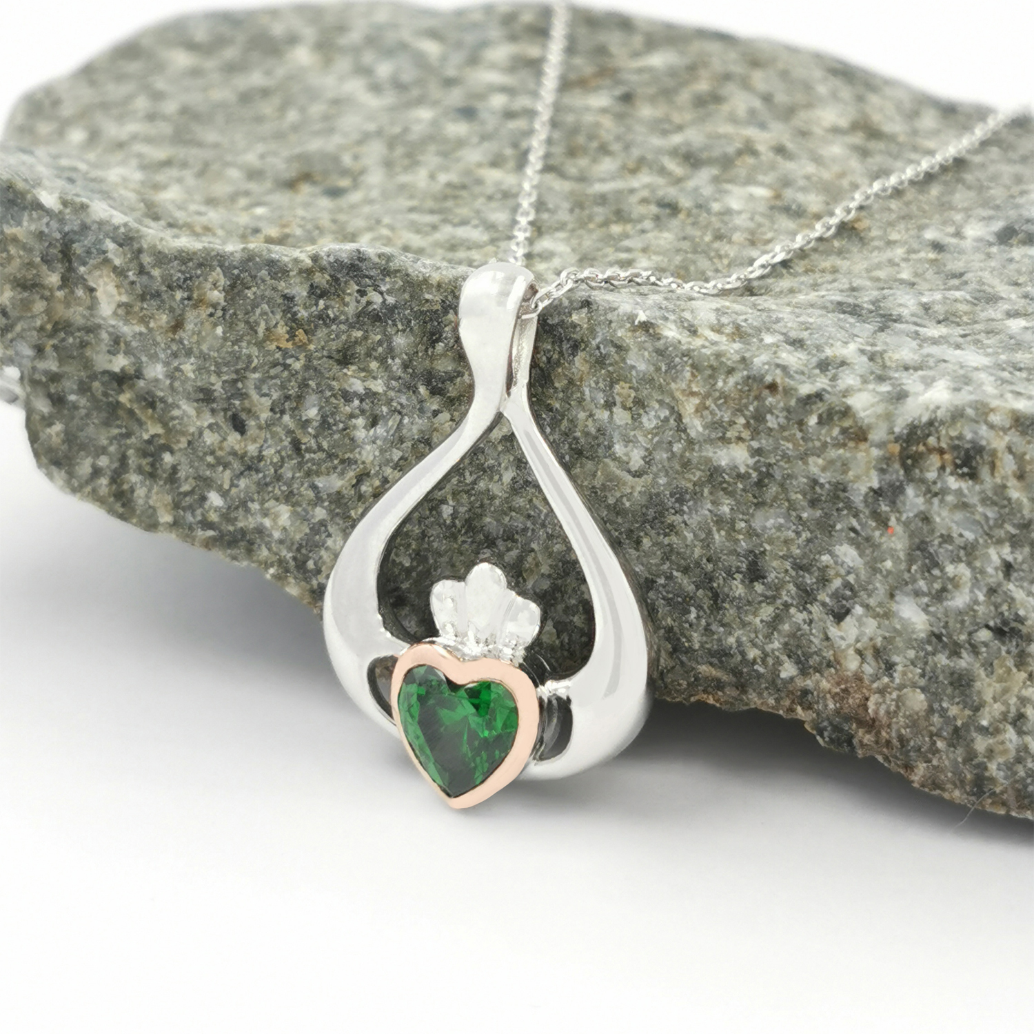 Sterling Silver And Irish Rose Gold Claddagh Necklace with Green Heart
