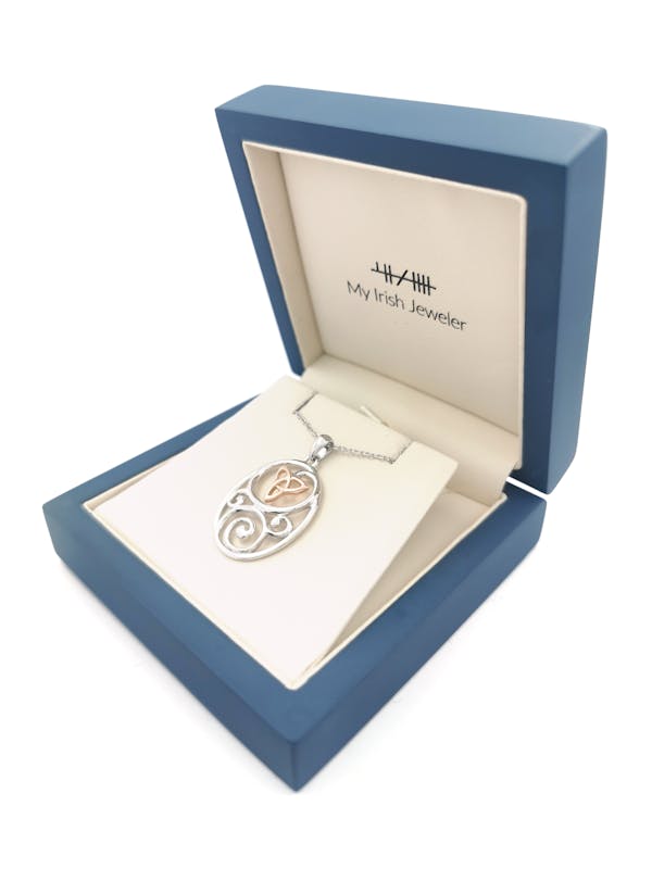 Womens Real Sterling Silver & Rose Gold Celtic Knot & Trinity Knot Necklace. In Luxury Packaging.