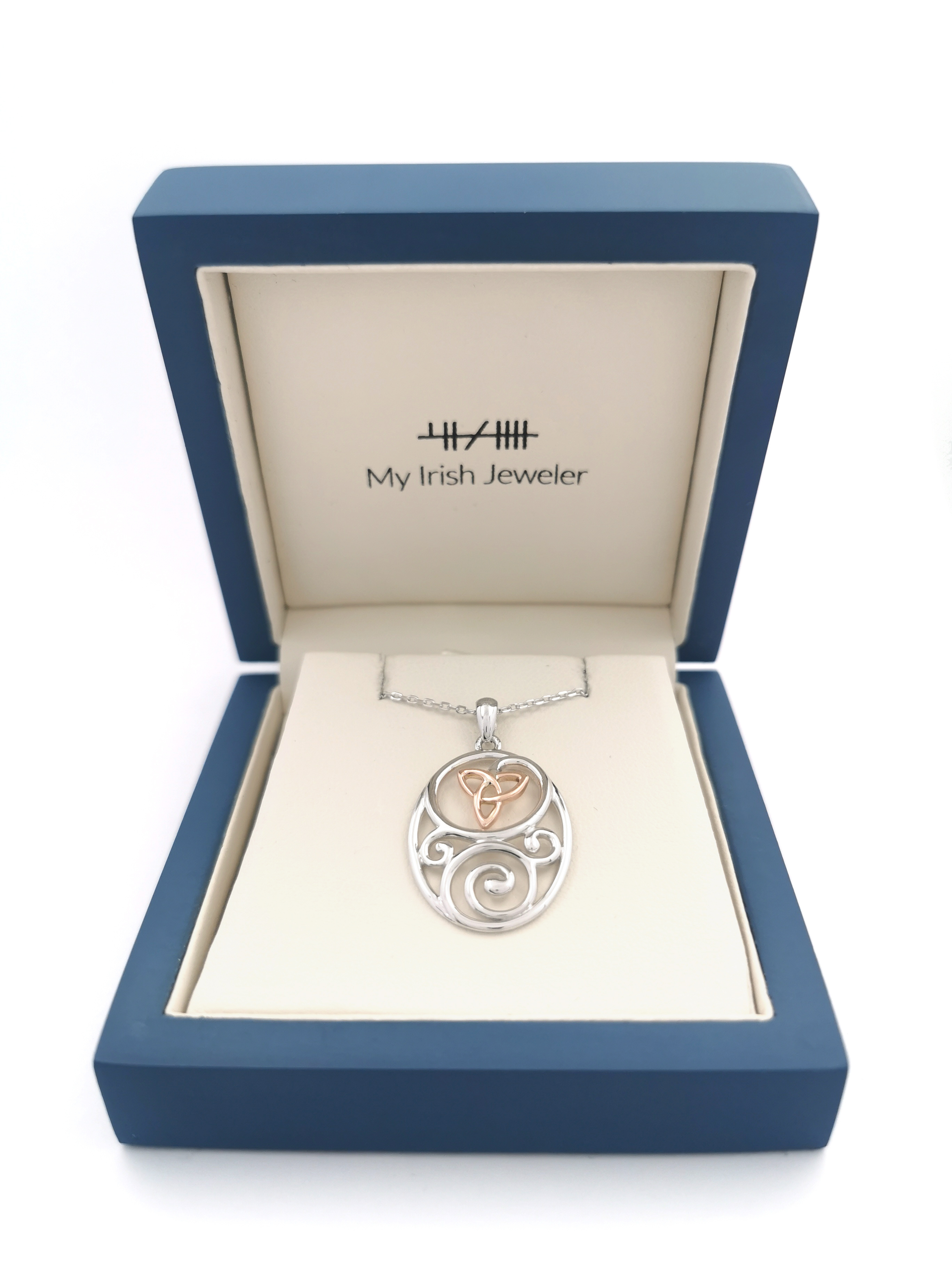Womens Sterling Silver & Rose Gold Celtic Knot Necklace. In Luxury Packaging.