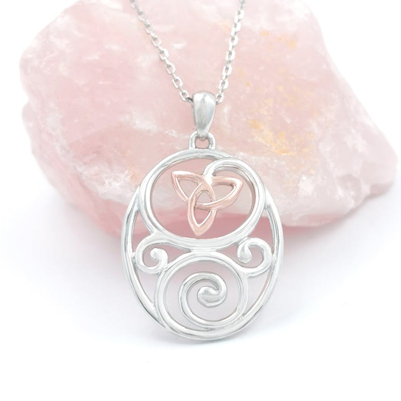 Sterling Silver And Irish Rose Gold Oval Trinity Knot Pendant