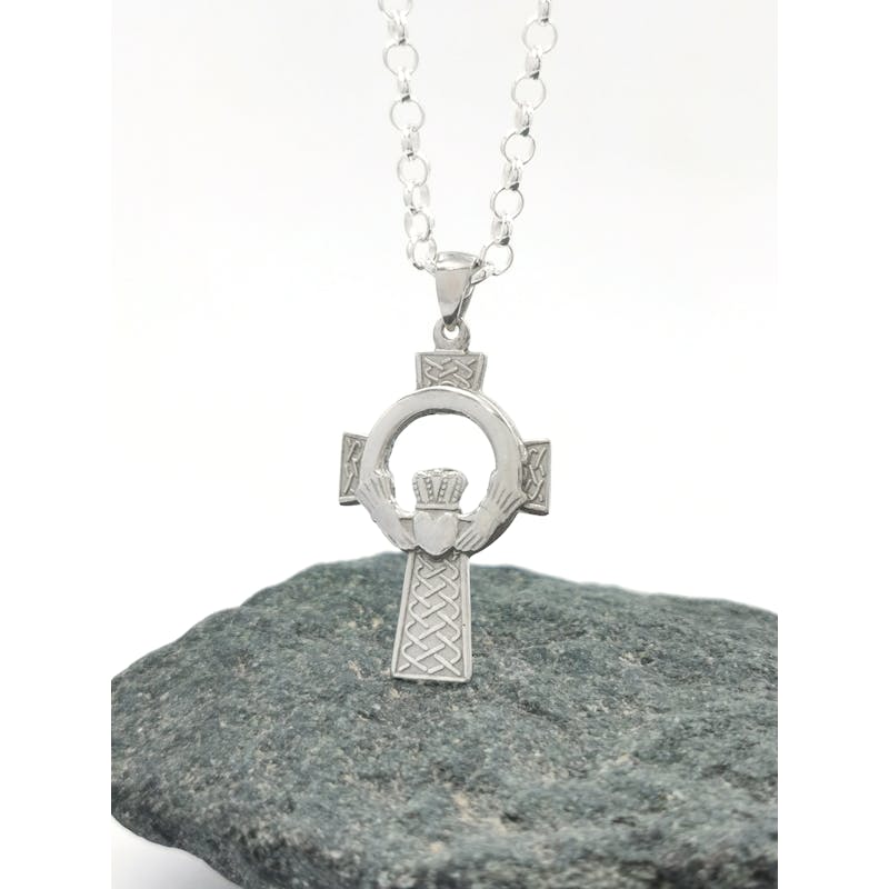 Irish Sterling Silver Celtic Cross & Claddagh Necklace