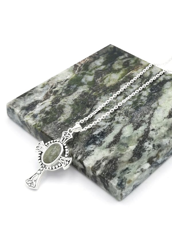 Womens Striking Sterling Silver Celtic Cross & Connemara Marble Necklace. In Luxury Packaging.