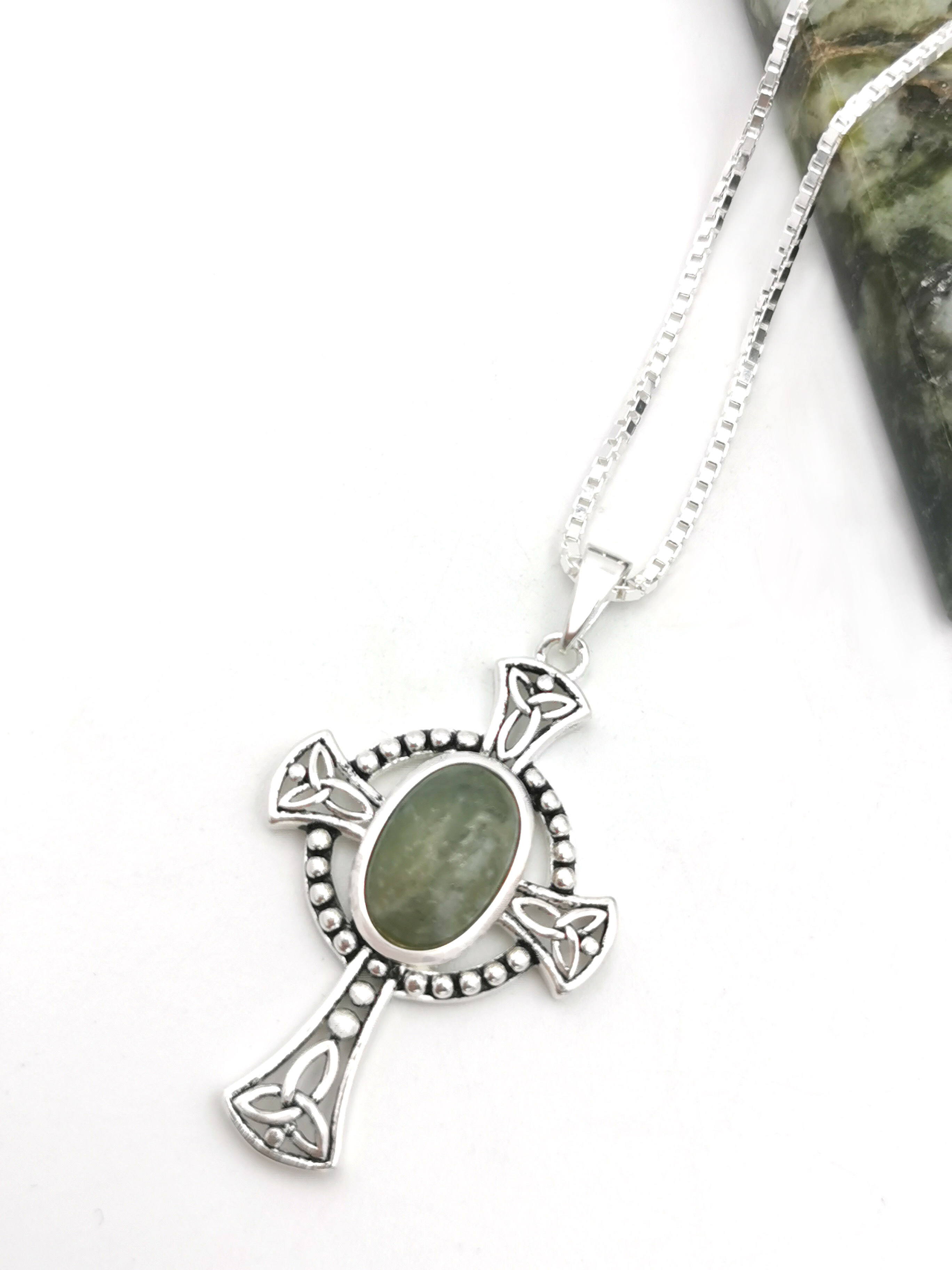 Authentic Sterling Silver Celtic Cross & Connemara Marble Necklace For Women. Pictured Flat.