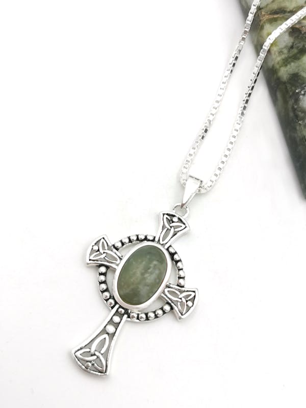 Authentic Sterling Silver Celtic Cross & Connemara Marble Necklace For Women. Pictured Flat.