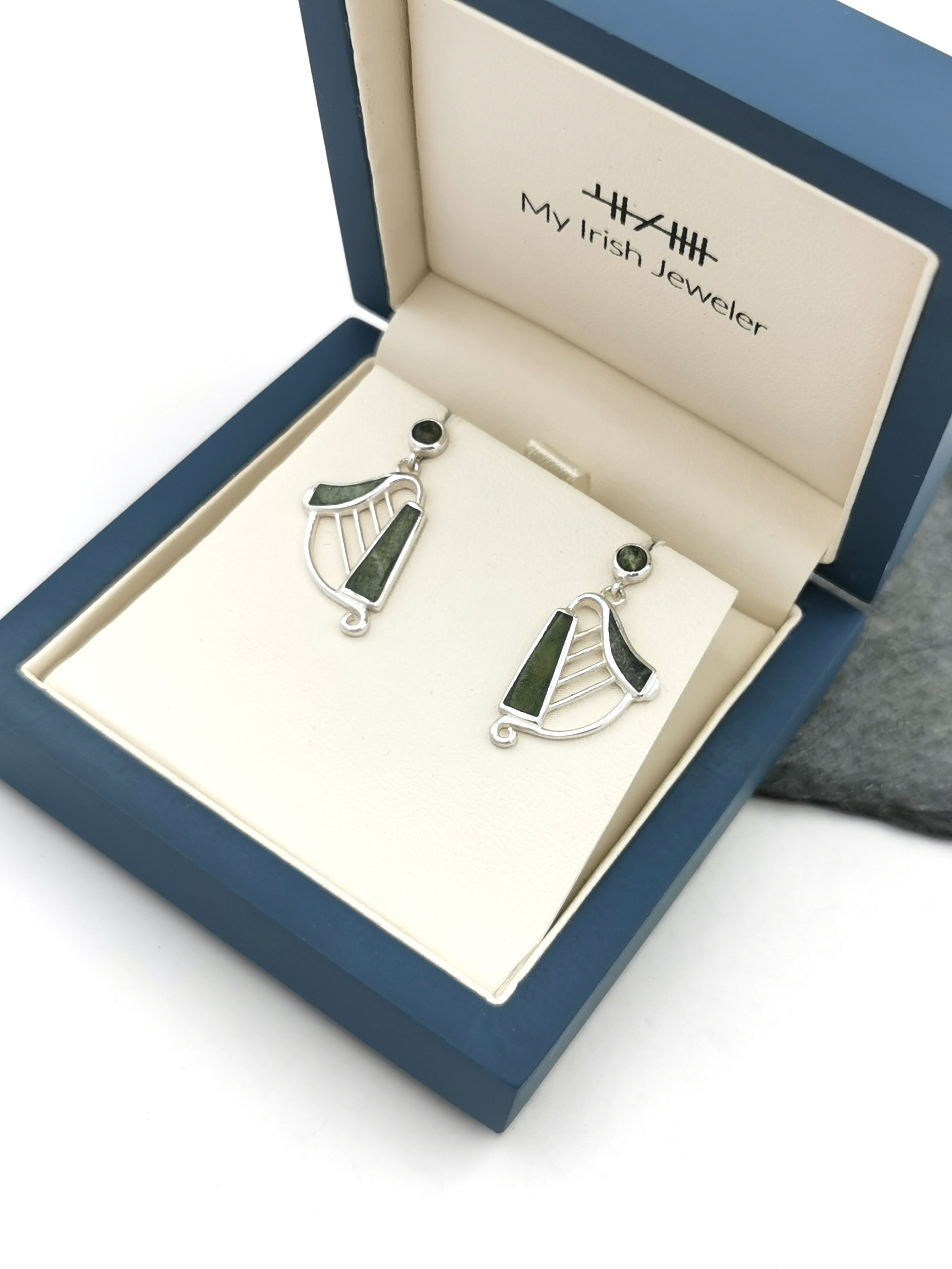 Authentic Sterling Silver Irish Harp & Connemara Marble Gift Set For Women. In Luxury Packaging.