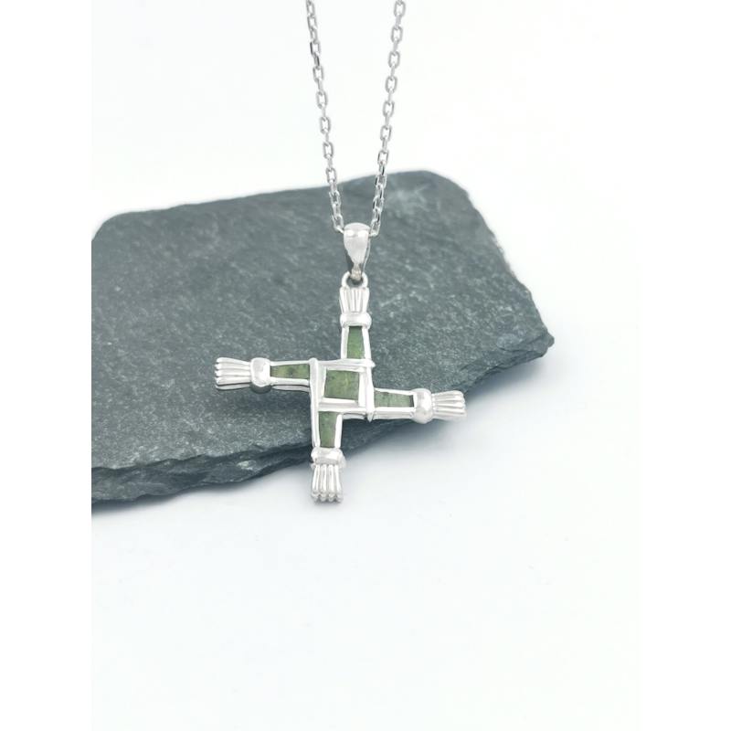 Genuine Sterling Silver St Brigids Cross & Connemara Marble Necklace For Women