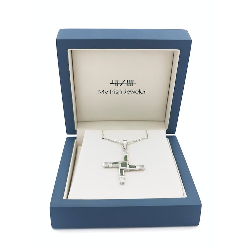 Irish Sterling Silver St Brigids Cross & Connemara Marble Necklace For Women. In Luxury Packaging.
