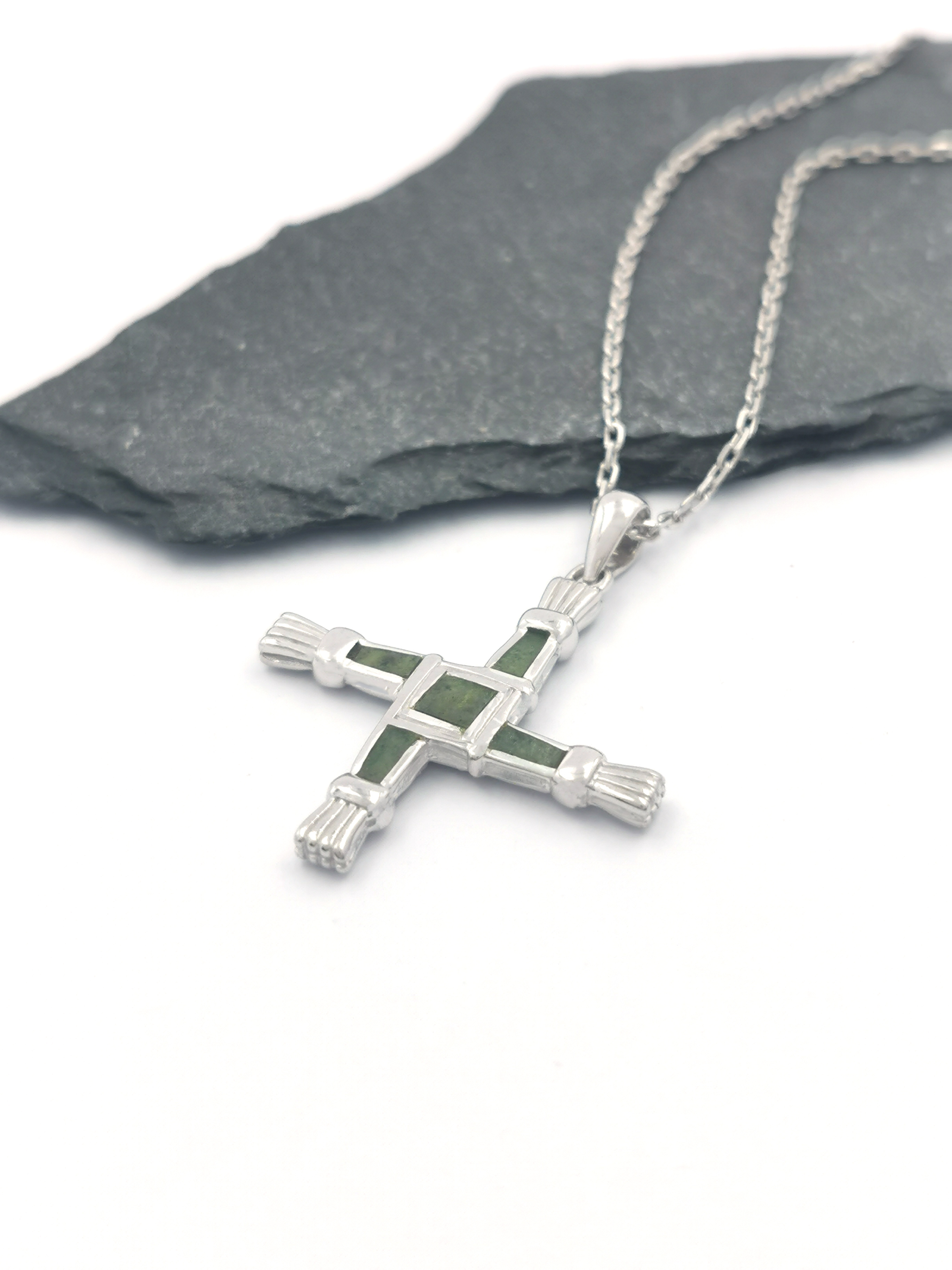 St Brigids Cross & Connemara Marble Necklace - Shown with 18" Light Cable Chain