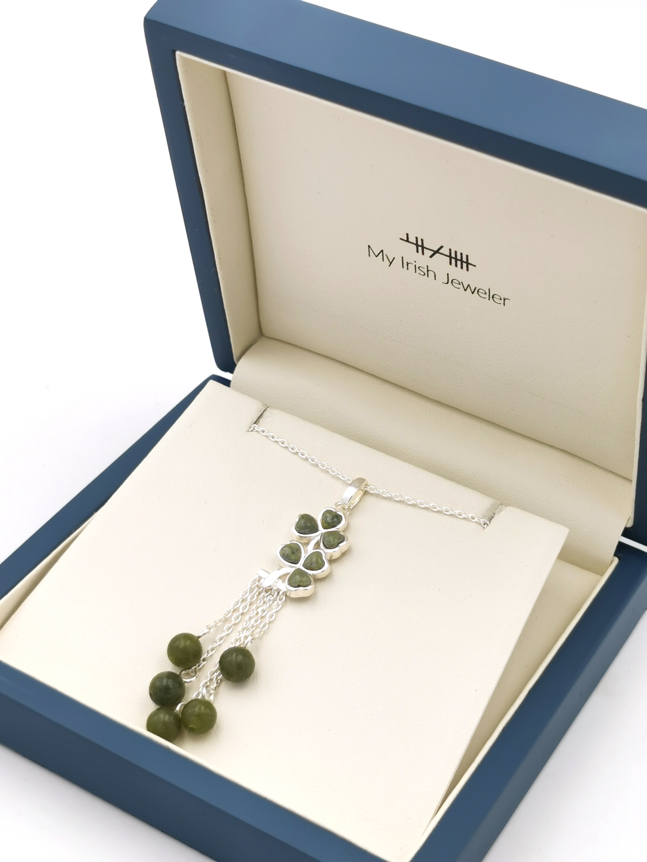 Attractive Sterling Silver Shamrock & Connemara Marble Necklace For Women. In Luxury Packaging.