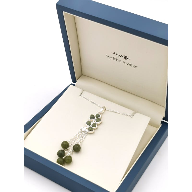 Attractive Sterling Silver Shamrock & Connemara Marble Necklace For Women. In Luxury Packaging.