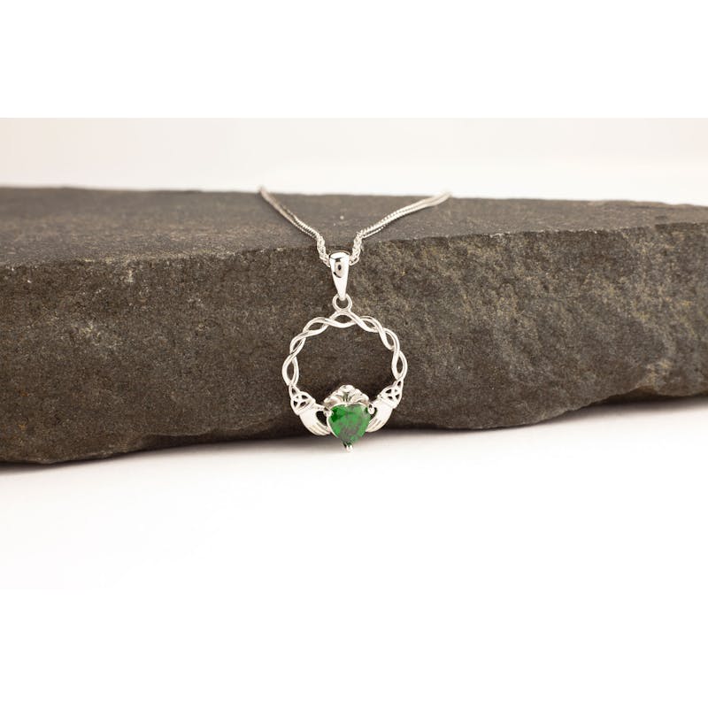 Sterling Silver Green Stone Set Claddagh Pendant
