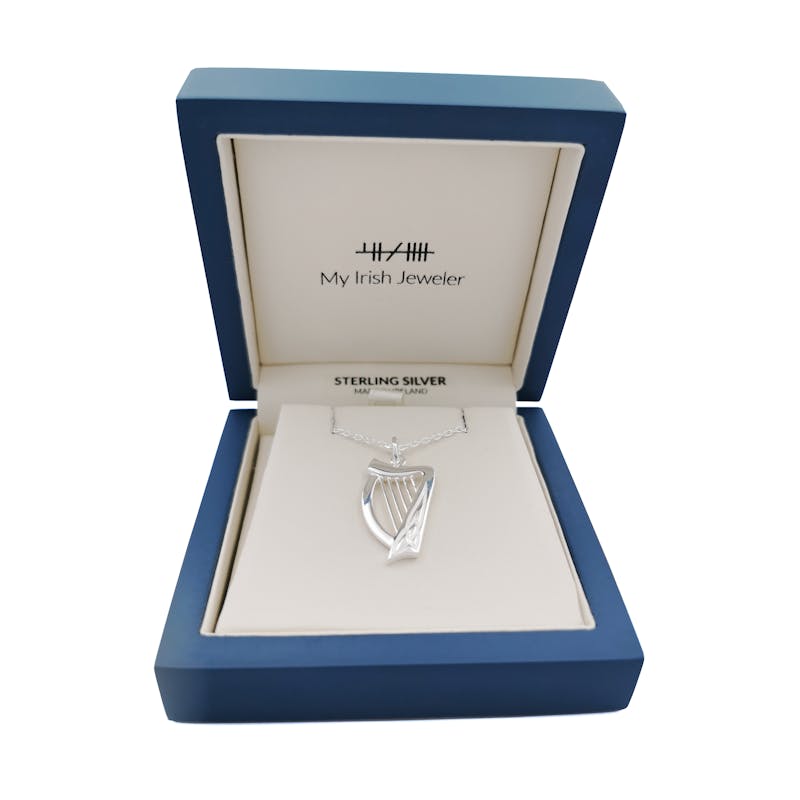 Womens Irish Harp Necklace in Sterling Silver. In Luxury Packaging.