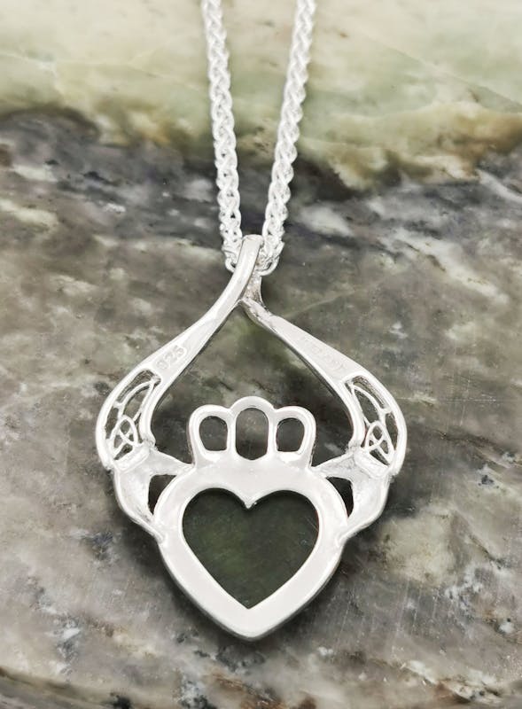 Genuine Sterling Silver Claddagh & Connemara Marble Necklace For Women. Picture Of The Back.